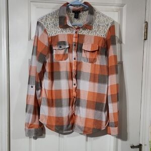 Rue21 Peachy Orange and White Plaid Shirt with Lace